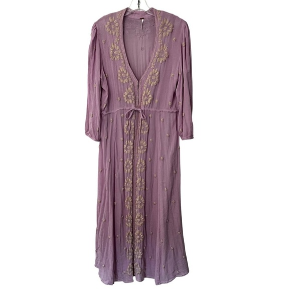 FREE PEOPLE Lilac Blossom Embroidered Fable BoHo Midi Dress XL peasant coquette - Picture 5 of 16